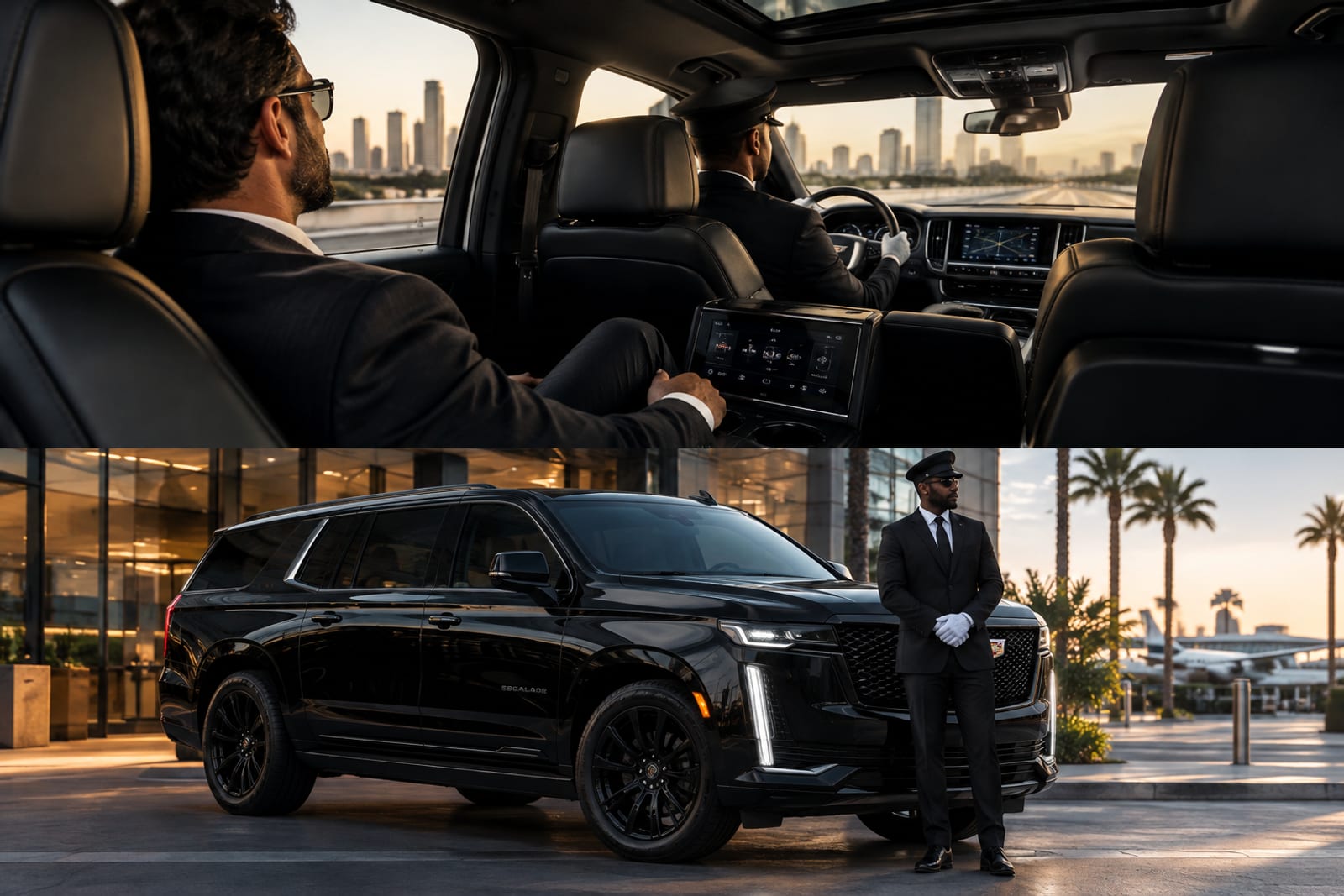 A FAME Transportation chauffeur with a black Cadillac Escalade and a passenger riding in the luxury interior
